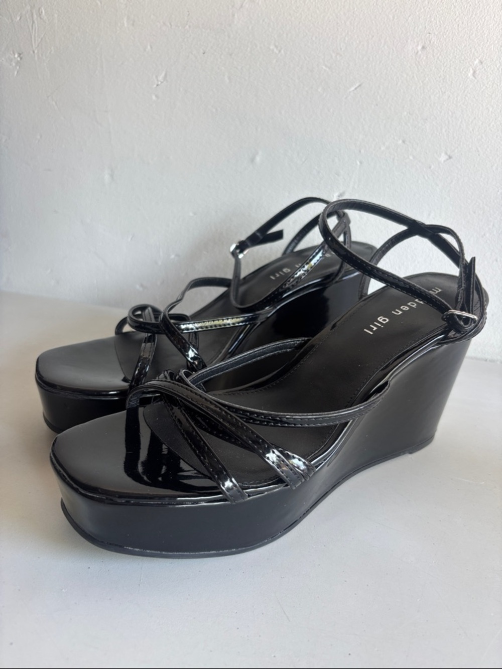 Madden Girl Mya Black Patent Wedge Sandals